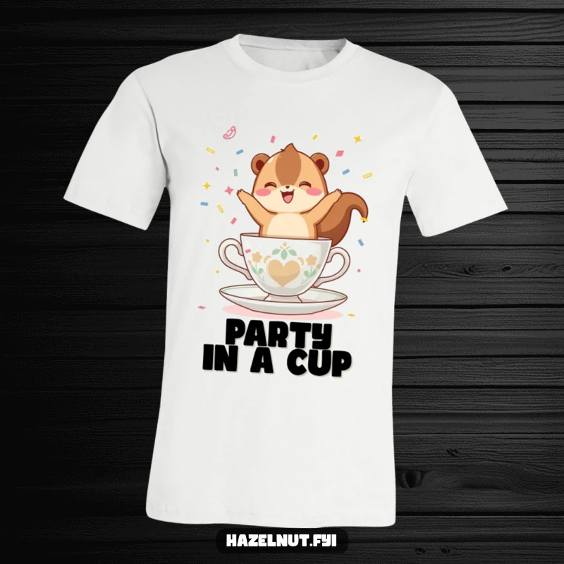 Funny, happy hazelnut balancing on a teacup, throwing confetti, depicted on a t-shirt, conveying pure joy and festivity.