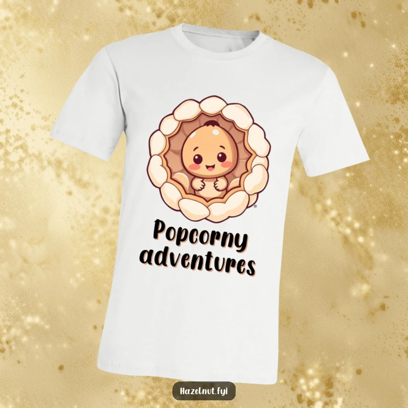 Funny hazelnut character t-shirt, peeking from inside a hollowed-out giant popcorn kernel, humorous and cute apparel.