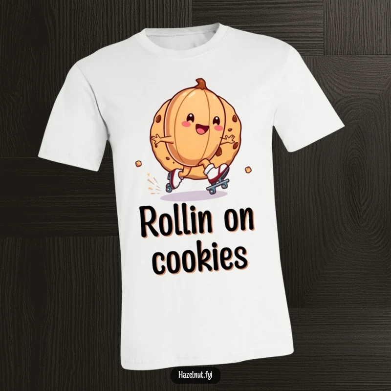 Funny t-shirt with a hazelnut on roller skates zipping around a cookie, conveying excitement and a love for treats, humorous gift.