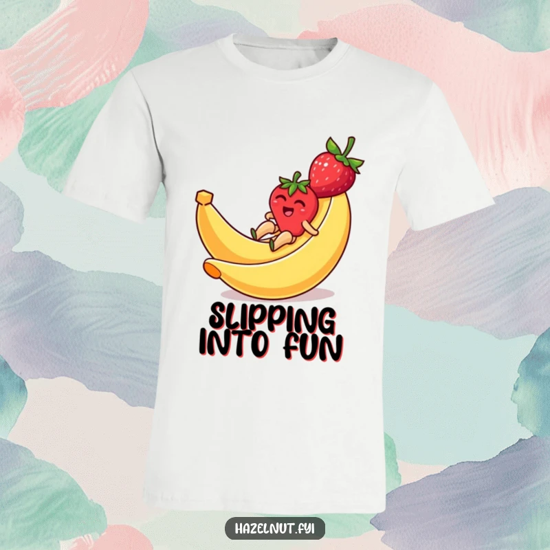 Funny t-shirt depicting a joyful strawberry gleefully sliding down a bright yellow banana peel, a picture of cartoonish glee.