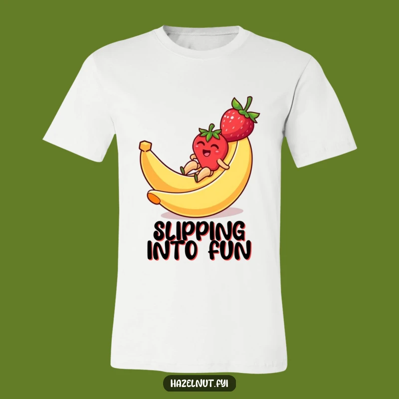 Funny Strawberry Zipping Banana Slide T-Shirt - Comical Fruit Cartoon Gift for Friends