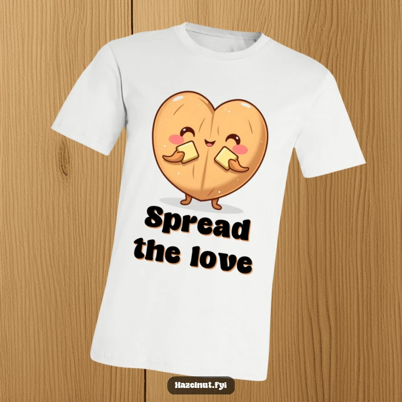 Funny t-shirt depicting a charming hazelnut character creating a heart shape with two small butter pats, celebrating love humorously.