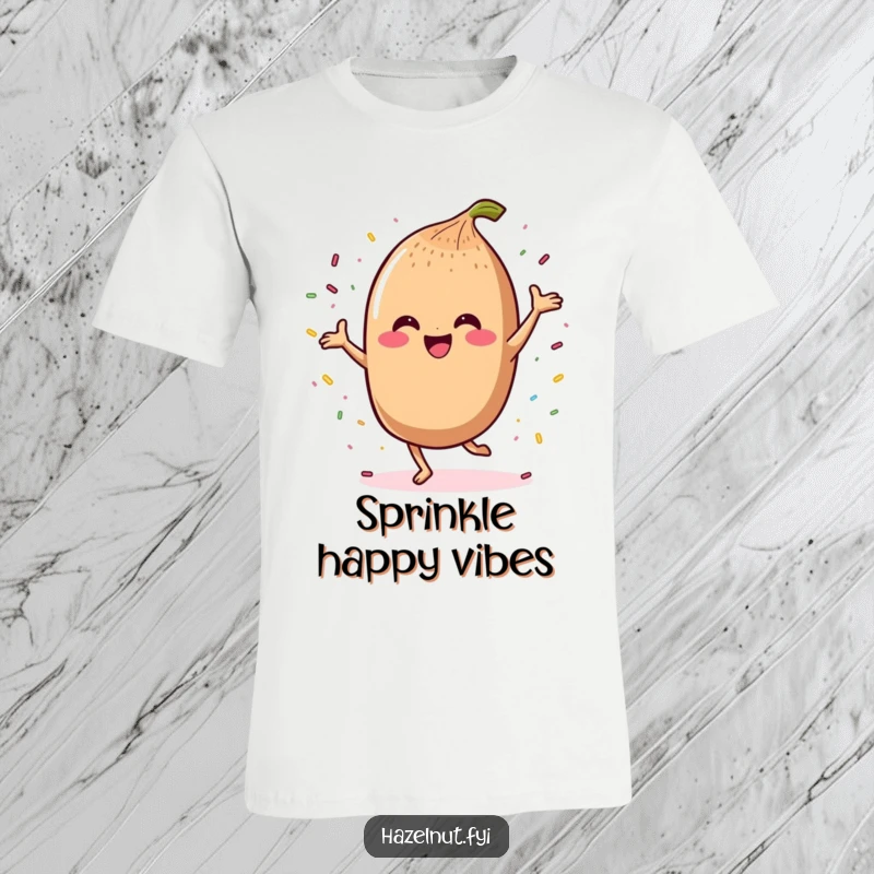 Funny t-shirt with a smiling kawaii hazelnut doing a joyful dance surrounded by celebratory sprinkles.