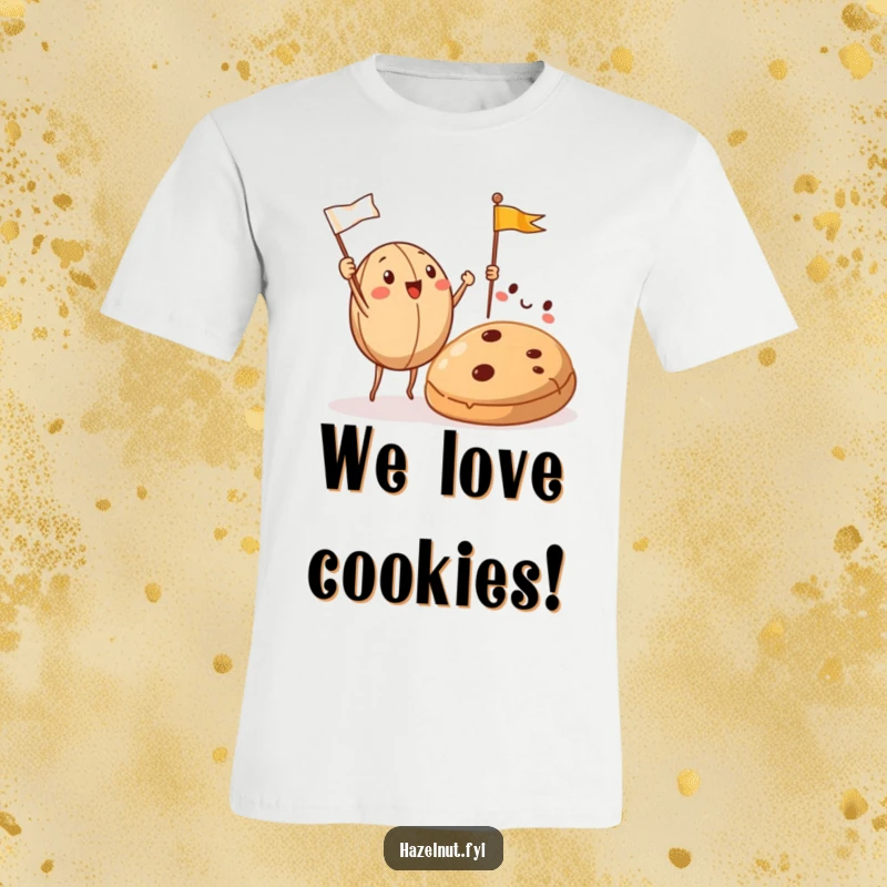 Funny Hazelnut T-Shirt features happy hazelnuts waving flags, cheering wildly for a delightful cookie, embodying snack enthusiasm.