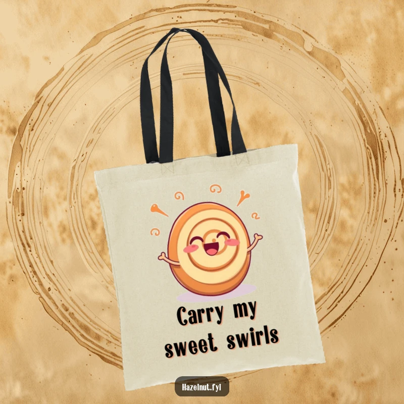 Funny tote bag with an excited cinnamon roll and joyful wiggling swirls, perfect for carrying groceries or daily items.