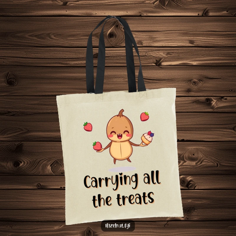 Funny, mischievous hazelnut juggling three tiny berry pastries, showcased on a tote bag, ideal for carrying essentials with a touch of fun.