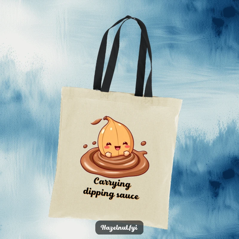Funny tote bag depicting a cheerful hazelnut character happily diving into a swirling chocolate dip, great for carrying treats.