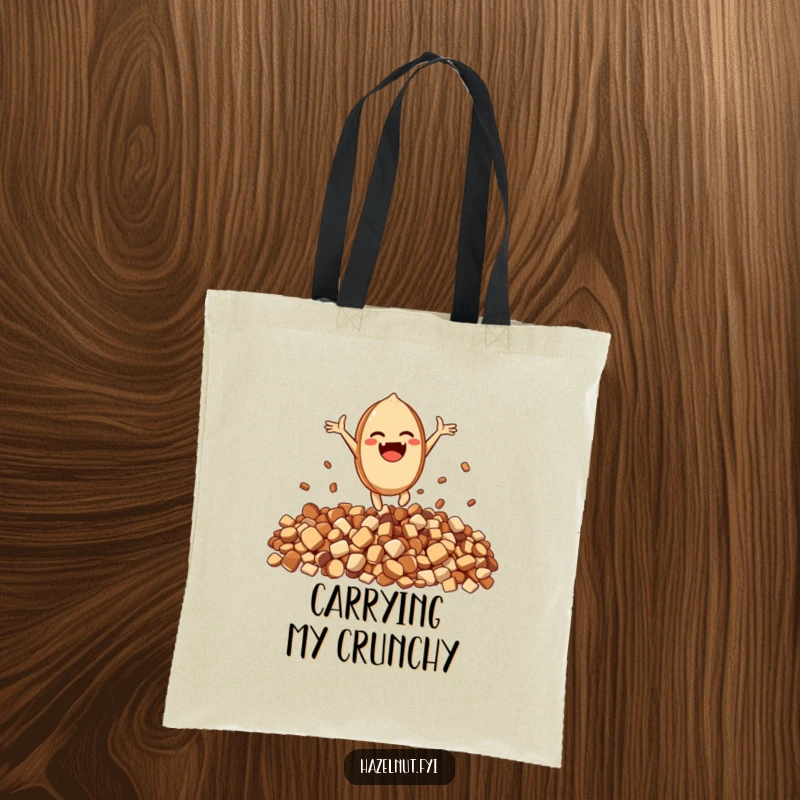 Funny Excited Hazelnut Tote Bag: An excited character leaps joyfully from a pile of crunchy bits, perfect for shopping.