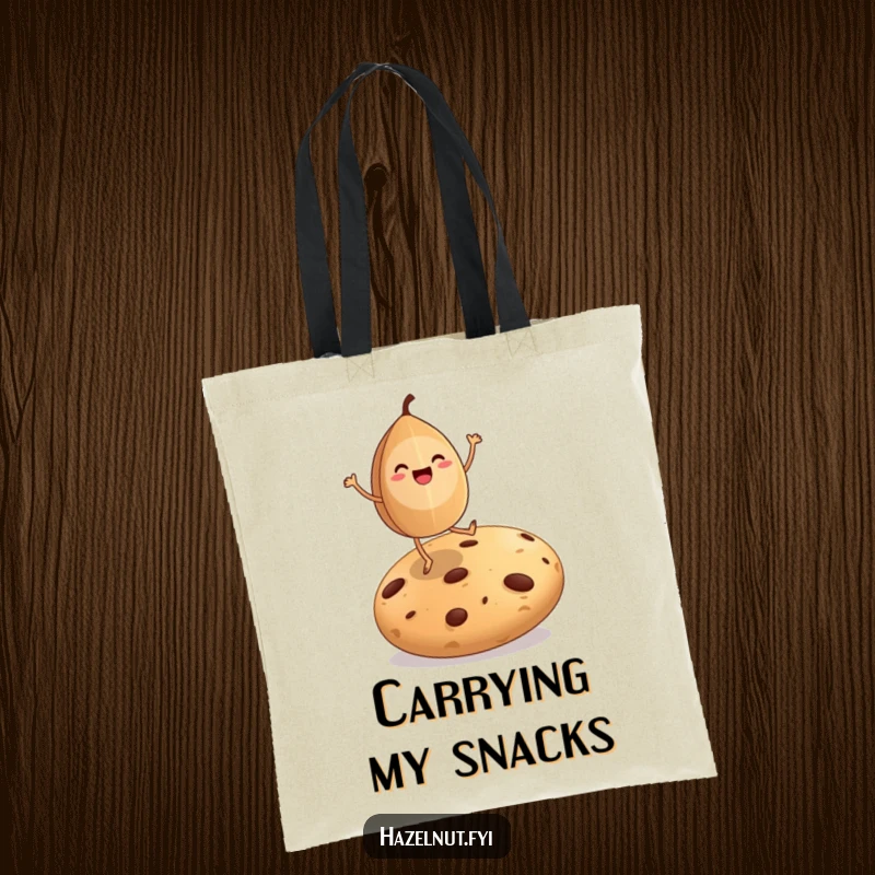 Funny tote bag with a happy hazelnut dancing on a giant cookie, perfect for carrying goodies and fun.