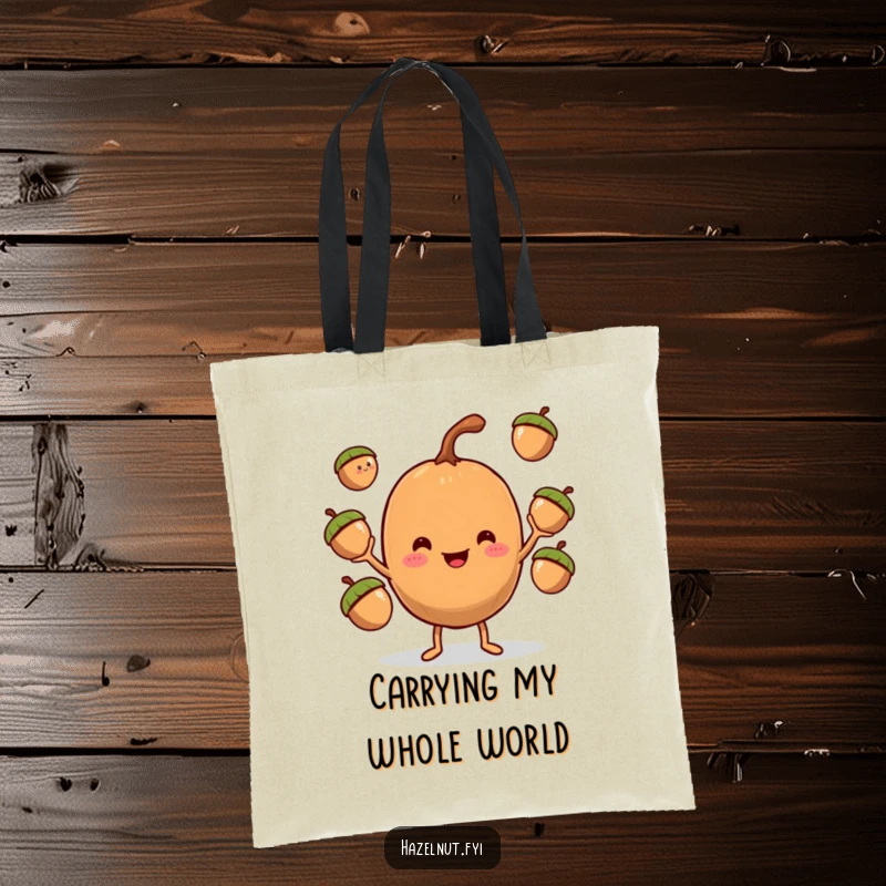 Funny Hazelnut Juggler Tote Bag, a smiling character juggling acorns, ideal for carrying groceries or daily items.