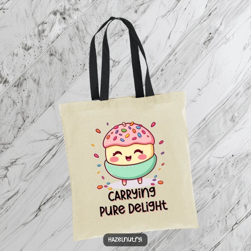 Funny tote bag with a happy macaroon giggling while juggling a shower of colorful candy sprinkles, a cheerful design.