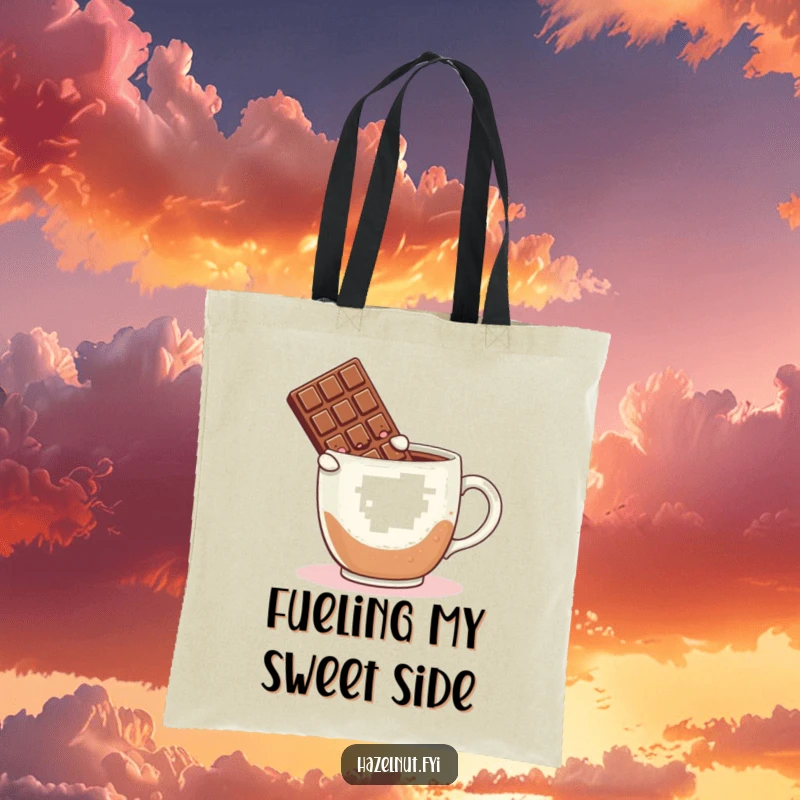 Funny tote bag with a blushing chocolate bar taking a plunge into a giant coffee mug, a delightful and humorous design.