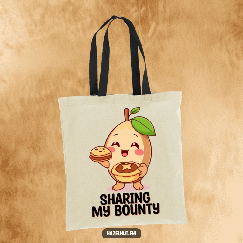 Cheerful hazelnut character offering a miniature pie with a warm smile, perfect for a kindness-themed tote bag.