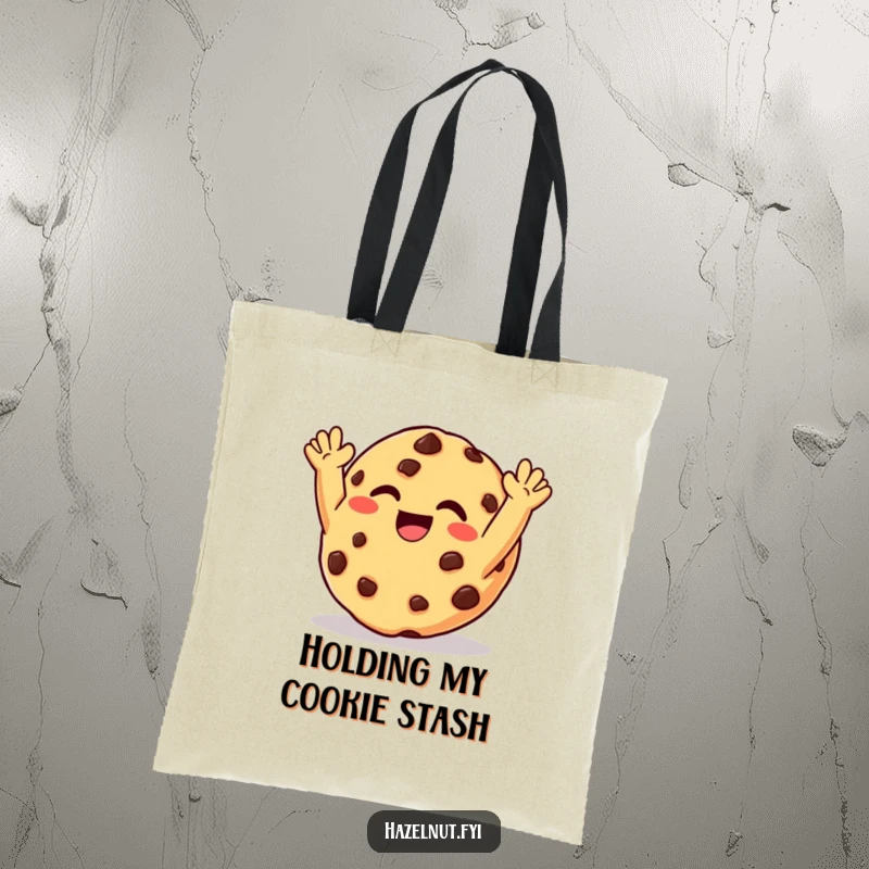 Funny tote bag showing a giggling chocolate chip cookie with arms raised in delight, perfect for shopping or daily use.