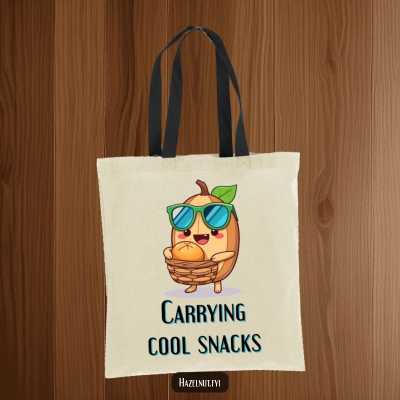 Funny Hazelnut Tote Bag with a sunglasses-wearing hazelnut offering a nutty treat from a tiny basket, perfect for stylish errands.