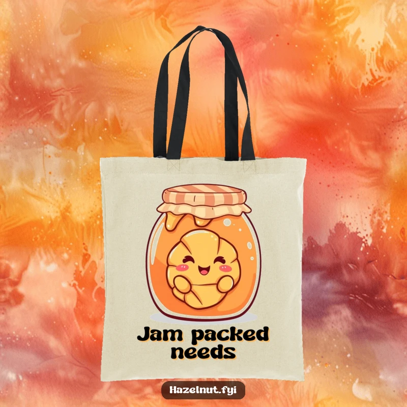Funny tote bag with a smiling croissant peeking out from a giant jam jar, a humorous and stylish accessory.