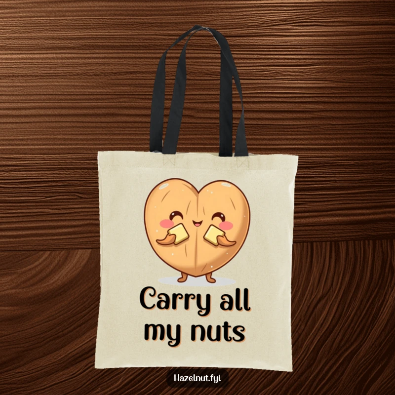 Funny tote bag displaying a playful hazelnut character making a heart with two butter pats, great for carrying humor and essentials.