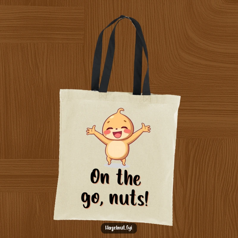 Funny tote bag showcasing a laughing hazelnut performing a cartwheel with arms outstretched, for carrying essentials with glee.