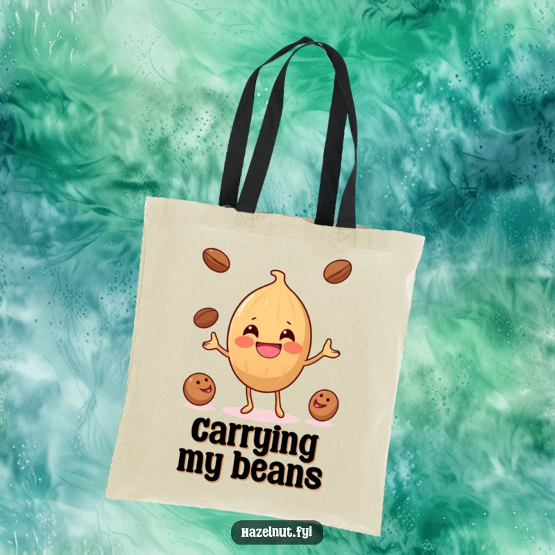 Funny Hazelnut Coffee Bean Juggler Tote Bag: A cheerful hazelnut juggling coffee beans, designed for a functional and humorous carry.