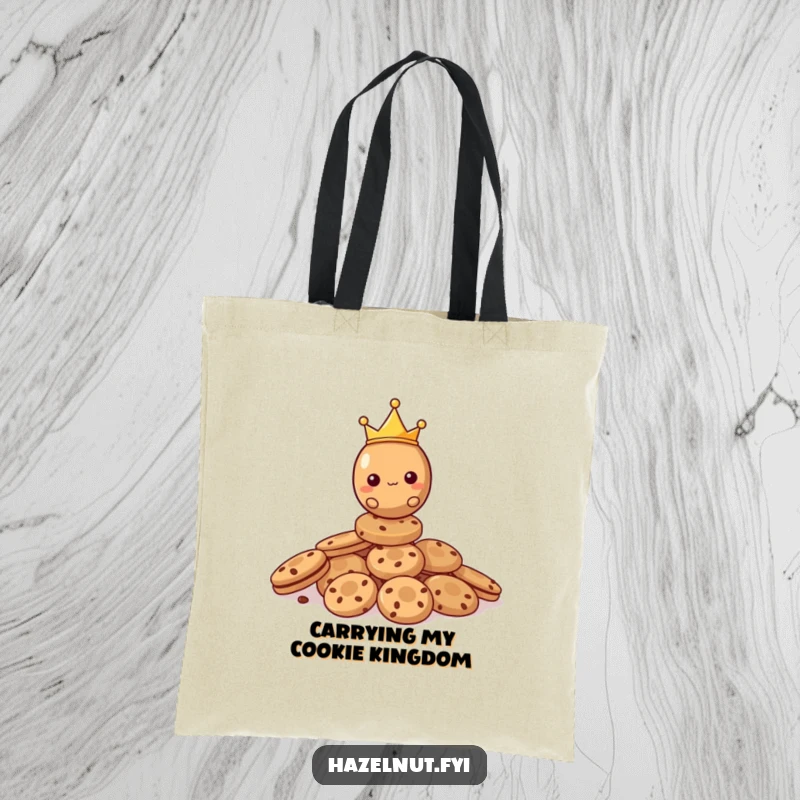 Funny Hazelnut Tote Bag displaying a crowned hazelnut balancing regally on a generous pile of cookies, ready for errands.