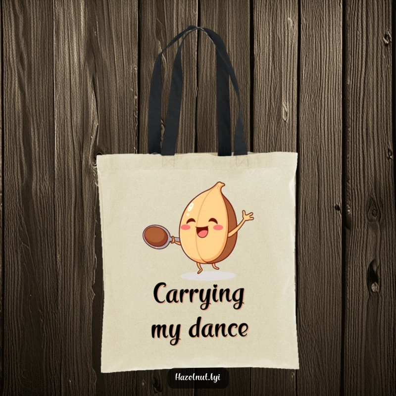 Funny tote bag showcasing a joyful hazelnut dancing with a spoon, perfect for carrying kitchen supplies.