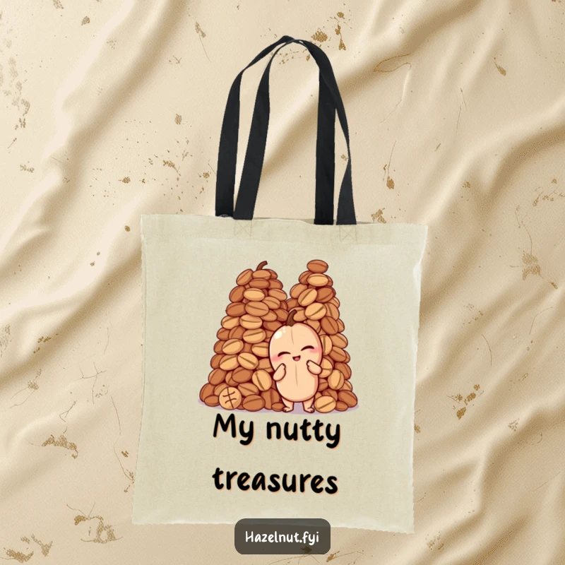 Funny tote bag with a winking hazelnut striking a proud pose next to a towering pile of nuts, a humorous and stylish accessory.