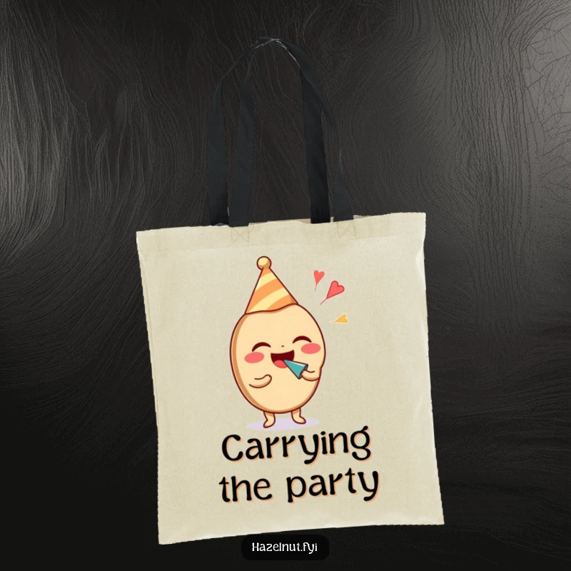 Funny hazelnut character in a party hat, laughing and blowing a noisemaker, on a stylish tote bag. Excellent funny gift.