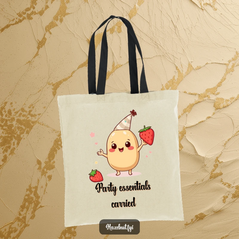 Funny hazelnut character tote bag, wearing a tiny party hat and boogying with a strawberry slice, humorous and festive accessory.