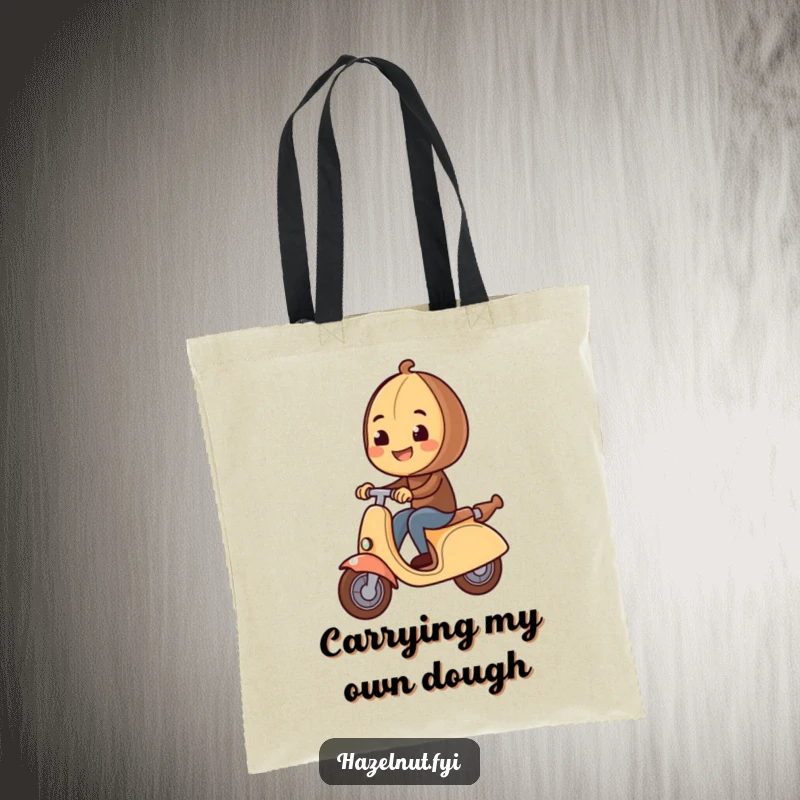 Funny Hazelnut Tote Bag illustrating a hazelnut happily riding a giant rolling pin like a scooter, great for shopping.