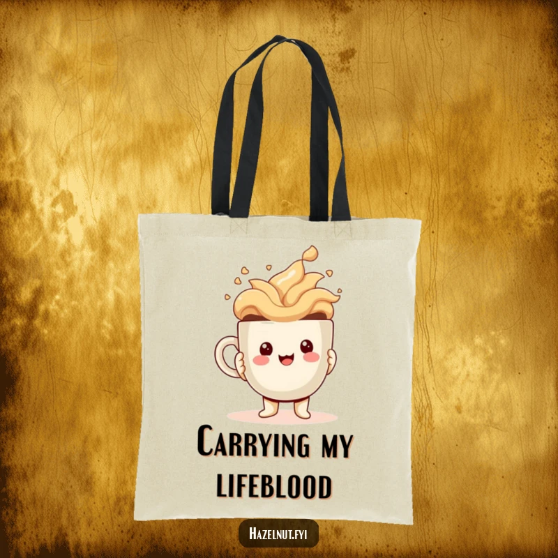 Funny Tote Bag designed with a cheerful kawaii hazelnut character holding a ridiculously large, overflowing coffee cup, perfect for everyday humor.