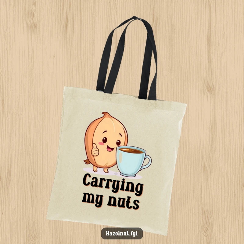 Funny Tote Bag: A happy hazelnut gives a thumbs up next to a steaming cup, a cheerful accessory for daily use.