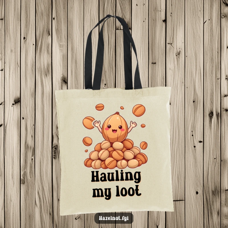 Funny Hazelnut Tote Bag: a happy hazelnut with small arms waves from a pile of roasted nuts, a functional funny gift.