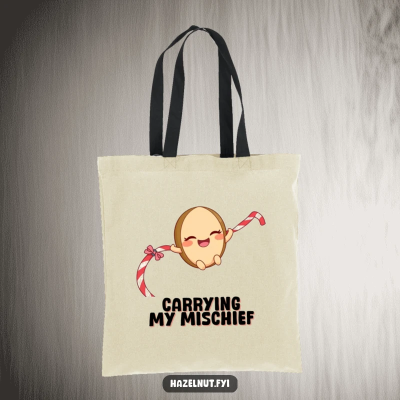 Funny Sliding Hazelnut Tote Bag: A giggling character with a mischievous grin sliding down a licorice rope, perfect for shopping.