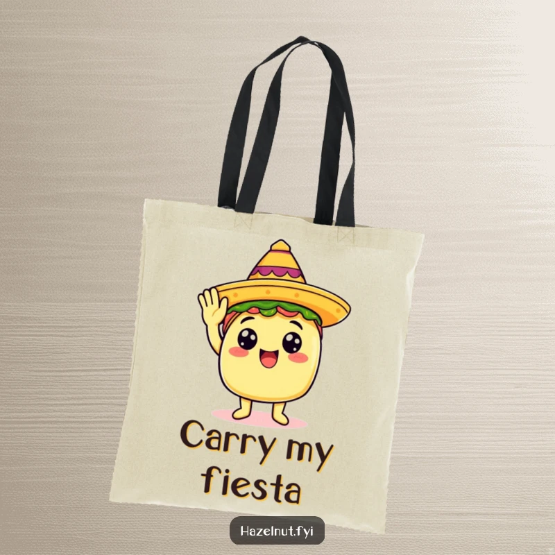 Funny tote bag with a happy taco wearing a tiny sombrero and giving a salute, perfect for groceries.