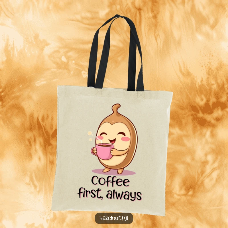 Funny Winking Hazelnut Tote Bag: A cheerful character winks while holding a tiny, steaming coffee cup, perfect for shopping.