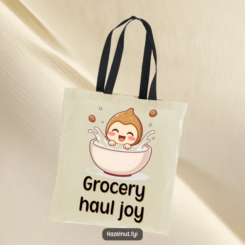 Funny hazelnut character delighted, splashing playfully in a bowl of milk, on a stylish tote bag. Excellent funny gift.