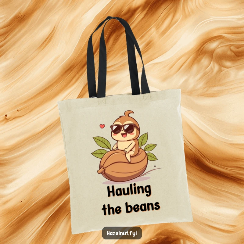 Funny hazelnut character wearing sunglasses, riding a giant coffee bean, printed on a durable tote bag. Great funny gift.