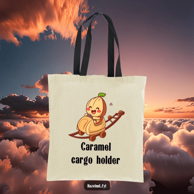 Funny hazelnut character on a chocolate bit roller coaster, featured on a tote bag, perfect for a humorous and practical gift.