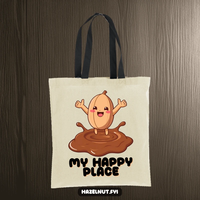 Funny Hazelnut Chocolate Leap Tote Bag: A joyful hazelnut leaps into chocolate, designed for a fun and functional carry.