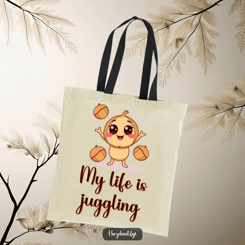 Funny Juggling Hazelnut Tote Bag: A smiling character with big eyes amusingly juggling smaller hazelnuts, perfect for shopping.