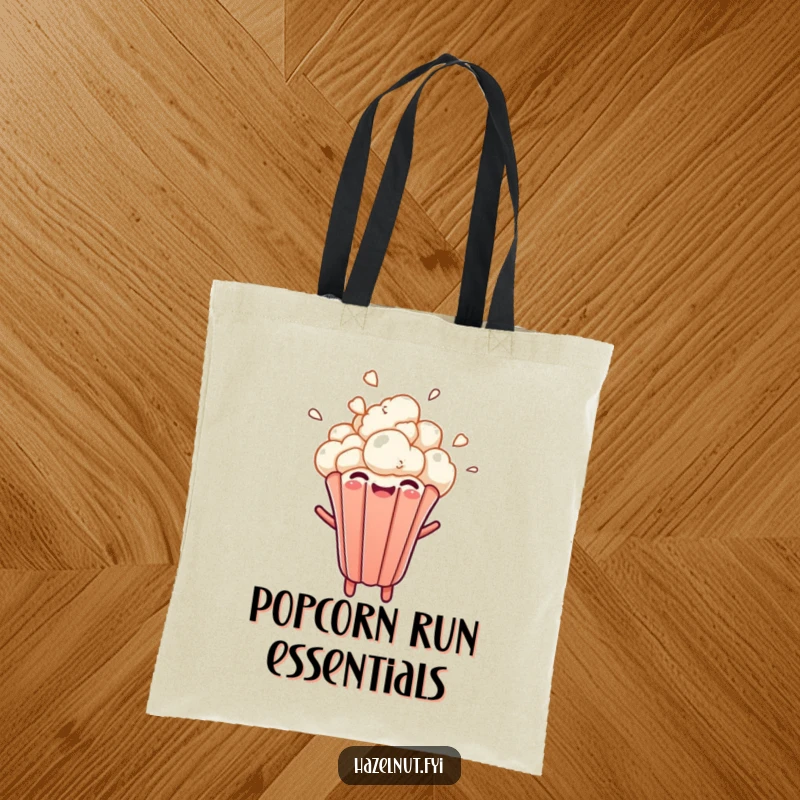 Funny tote bag with a cheerful popcorn kernel bursting upwards with a delighted expression, a vibrant and humorous design.