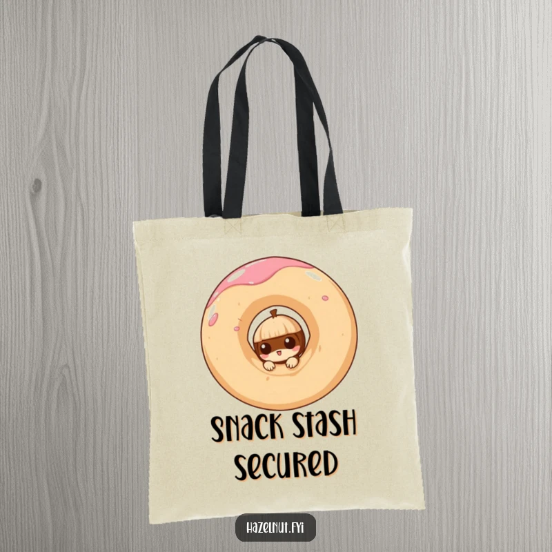 Funny tote bag with a curious hazelnut peeking from a giant, swirling doughnut, perfect for carrying daily items.
